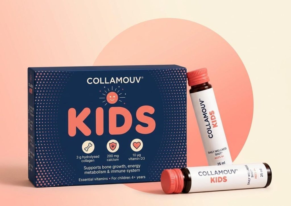 CollaMouv Kids &ndash; Packung und Trinkfl&auml;schchen vor korallfarbenem Hintergrund