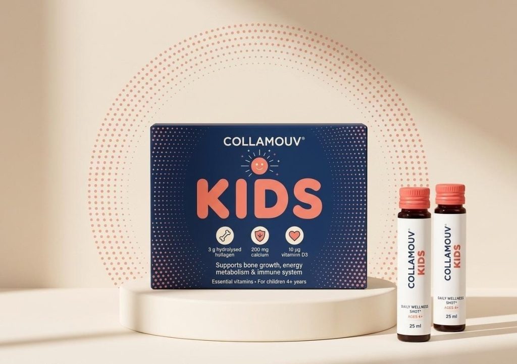 CollaMouv Kids &ndash; Packung und Trinkfl&auml;schchen auf einem Podium